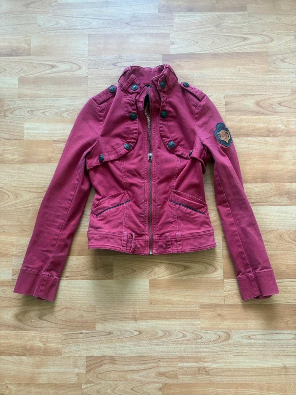 Guess Red Military & Moto Inspired Jean Jacket Y2K Vintage